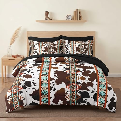 WeCozy 7-teiliges Queen-Size-Bettdecken-Set mit 2 Kissenbezügen und 2 Kissenbezügen, Rindsleder-Bettwäsche für Kinder und Erwachsene, Tier-Vintage-Retro-Bett in Einer Tasche mit flachem Spannbetttuch