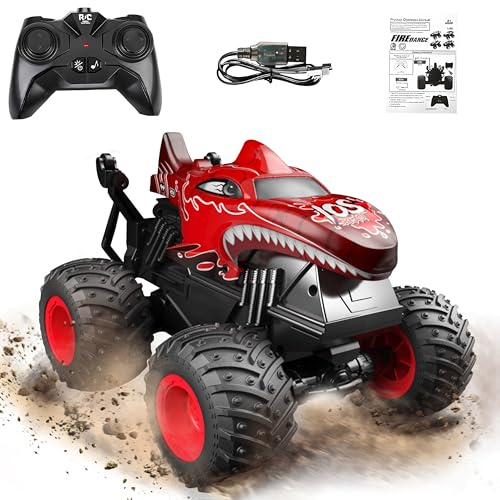 BEZGAR Monster Truck Toys Remote Control Cars for Kids, 1:20 Scale Red | RC Monstertruck with Light & Music, 360° Spin & Drifting, Dinosaur Toys, Gift for Boys Girls