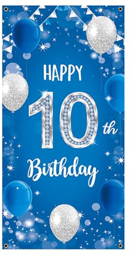 10. Geburtstag Jungen Banner Blau Silber Deko Hintergrund party Requisiten für Männer und Frauen 180x90 cm