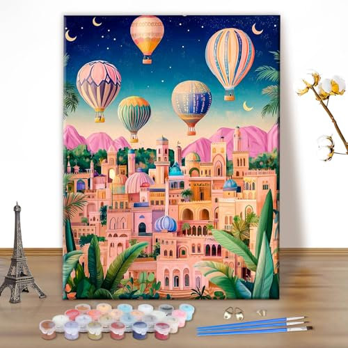 MEIYUDA Peinture par Numero Adulte Montgolfière, DIY Peinture Acrylique pour Adultes Débutants Facile sur Toile Avec Peintures et Pinceaux Decoration Maison Cadeau 40x50cm(sans Cadre)