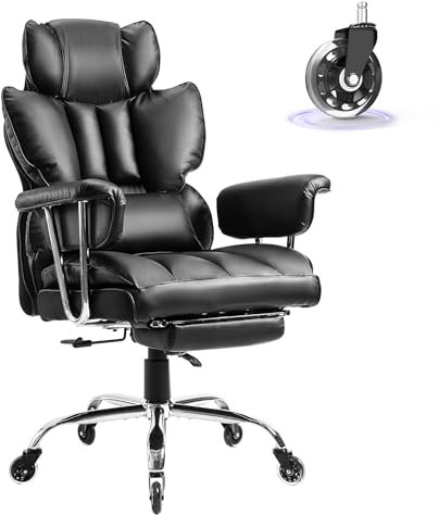 Fauteuil de Bureau, Chaise Ergonomique Gaming avec Repose-pieds Rétractable, Chaise de Bureau Confortable avec Roulettes en Caoutchouc et Coussins Lombaires, Fauteuil de Direction 200 kg (Noir)