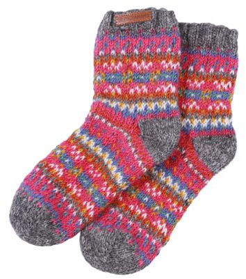 Pachamama Women 100% Wool Bed Sofa Socks Handknitted Traditional Fairisle Colourful Medium 4-7 Handmade Extra Warm Fair Trade (UK, Alpha, One Size, 7, Regular, Regular, Pink)