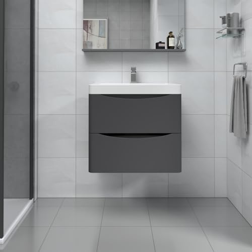 NRG Wall Mounted Vanity Sink Unit Basin Bathroom Drawer Storage Furniture 600mm Matt Anthracite