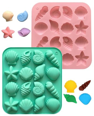 KEMUZ Stampo Silicone per Cioccolato 2 Pezzi - Conchiglia & Stella Marina, Stampo 3D per Fondente, Torte, Sapone, Candele, Facile da Usare e Pulire per Feste, Compleanni, Natale