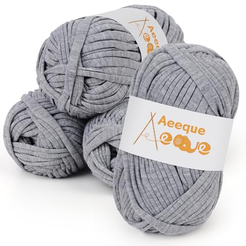 Aeeque 4 x 100g Tshirt Garn, T-shirt Garn zum Häkeln und Stricken, Bändchengarn für Körbe, Dicke Häkelgarn für Häkeltaschen, Teppiche, Mütze, Dunkelgrau