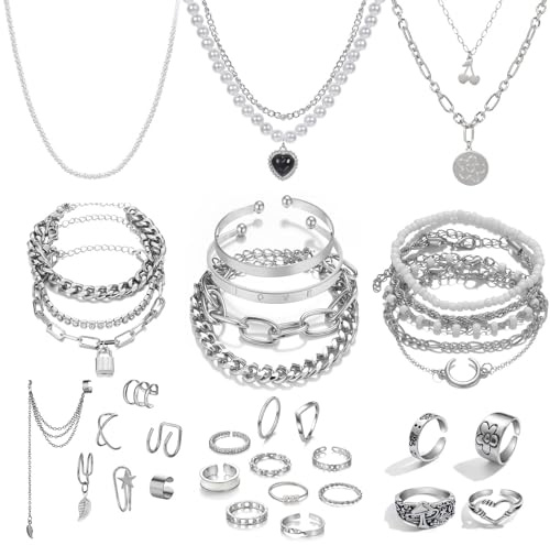 CHarmeFleur 36 Stück Silberplattiertes Schmuckset mit 3 Halsketten, 12 Armbändern, 7 Ohrläppchen Ohrringen, 14 Knöchelringen für Frauen und Mädchen als Geschenk für Valentinstag, Jahrestag,