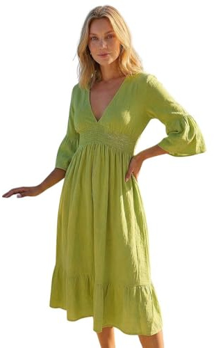 Roman Originals Linen Look Shirred Midi Dress for Women UK - Ladies Everyday Holiday Spring Summer V-Neckline Comfy Soft Evening Vacation Work Party - Lime - Size 14