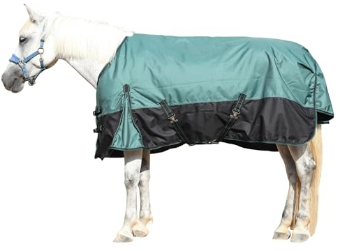 Gallopoff Pferdedecke, 1200D Ripstop, wasserdicht, atmungsaktiv, mittelschwer, 200 g Füllung, Standard-Hals, große Schweiflatte, winddicht, warm, Winterdecke für Pferde, Grünschwarz, 205,7 cm