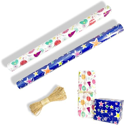 SJUIEO Lot de 2 rouleaux de papier cadeau « Happy Birthday » - 43 x 300 cm - Convient pour les enfants, les bébés, les vacances, Noël, les cadeaux d'anniversaire (avec cordon en papier kraft de 10