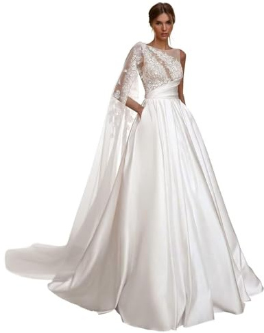 HAIBFJIN Vestido de novia de sirena de satén, línea A, para la oficina de registro, vestido de novia para la novia, Marfil-d, 40