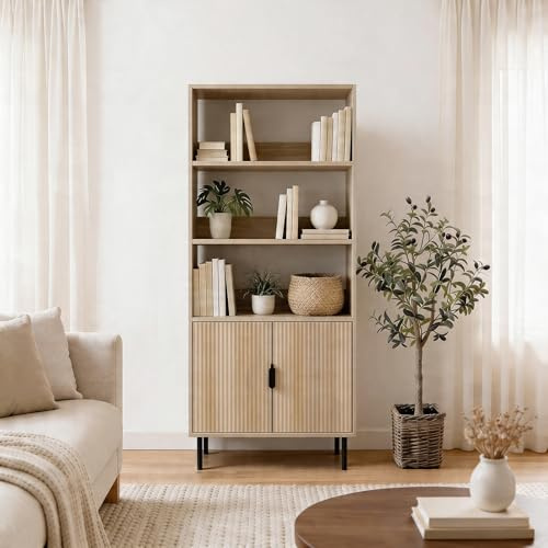 OHS Ribbed Bookcase Display Cabinets with 2 Doors and 3 Open Shelves 4 Tier Wooden Tall Bookcase Free Standing Shelving Unit Display Book Shelf for Living Room Office, Light Wood - 60 x 30 x 140cm