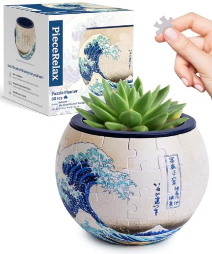 PieceRelax 3D Puzzle Blumentopf für Erwachsene - The Great Wave of Kanagawa | 3D Puzzle Erwachsene, Hokusai, DIY-Pflanztopf zum Selbstbauen, Entspannendes Geschenk für Pflanzenliebhaber, 80 Teile [K1154]
