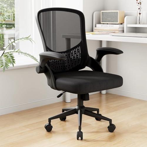 naspaluro Ergonomischer Schreibtischstuhl, Bürostuhl mit 90° Klappbaren Armlehnen, Atmungsaktive Netzrückenlehne, Stabiler Metallrahmen, Drehstuhl für Homeoffice und Lernzimmer, bis 110 kg, Schwarz