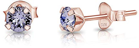 Pendientes de Botón Plata Ley 925 Chapados Oro Rosa 18K on Cristales Brillantes Lila 4 mm - Pendientes Pequeños Oro para Mujer - Punto de Luz Hipoalergénicos