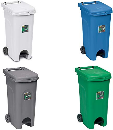 Lot de 4 poubelles de tri sélectif, poubelles de recyclage à domicile, pour pubs, bars, restaurants, maison, jardin, 80 litres avec roues fortes, résistantes entièrement fabriquées en Italie