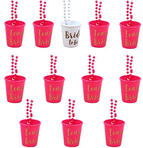 AUEAR, 12 Pack Team Bride and Bride to Be Plastic Beaded Shot Glass Necklace with Gold Foil for Bachelor Wedding Party and Bridal Shower Decorations