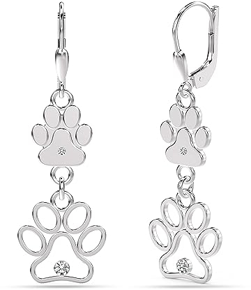 LeCalla 925 Sterling Silver Lever Back Drop Earrings Zirconia Open Animal Lover Pet Dog Cat Paw Print Earrings for Women