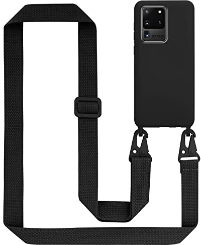 Cadorabo Handykette kompatibel mit Samsung Galaxy S20 Ultra Schutzhülle TPU Liquid Silikon Case Necklace mit verstellbarem Band Kordel mit Etui Rundumschutz Case Hülle für Galaxy S20 Ultra in Schwarz