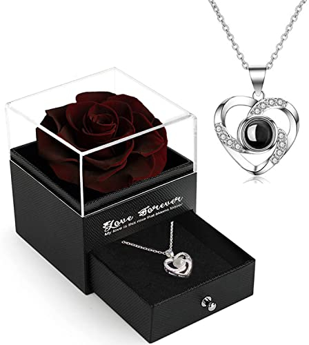 LOZACHE Rosen Blumen schmuck-Geschenk Box mit Splitter Halskette Frauen für Valentinstag Muttertag Jahrestag Geburtstag Weinachts für Mutter Freundin Mama Paar Schwester Frau (Weinrot)