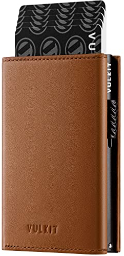 VULKIT Porta Carte Credito Porta Carte Pop-up in Pelle di Vacchetta Pieno Fiore con Blocco RFID con Scomparto per Banconote, Finestra per Documenti, Tasca Porta Monete e Chiusura Magnetica