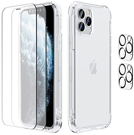 Uluck 5-in-1-Set für iPhone 11 Pro mit (1 Handyhülle + 2 Displayschutzfolie + 2 Kameraschutz) Stoßfest, Kratzfest, Anti-Gelb-Hülle für iPhone 11 Pro 5,8 Zoll, transparent
