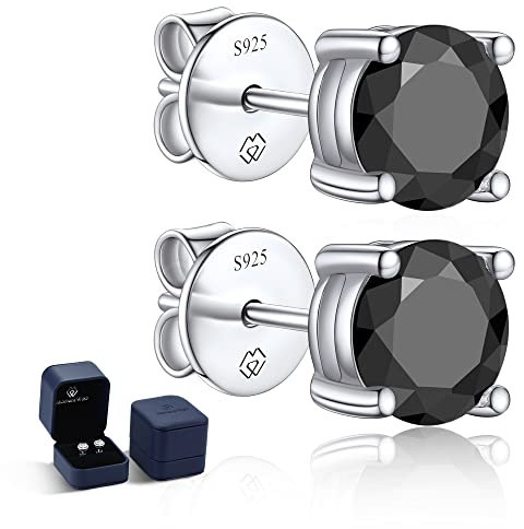 MomentWish Moissanite Ohrringe Schwarz, 2 Karat/6,5 mm Schwarze Ohrstecker Herren Glänzend Silber 925 Solitär für Männer Herren