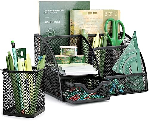 UMILKI 2 Pcs Schreibtisch Organizer mit Stiftehalter Set, Metall Stiftehalter Schwarz Lagerregal, Büro Tisch Organizer mit Schubladen für Stifte Hefter Ordnerklammern Haftnotizen