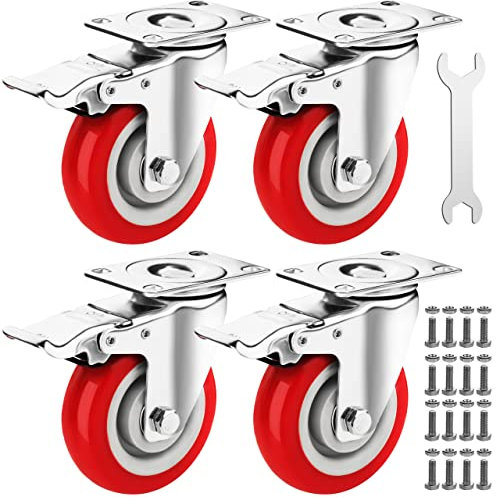 Castrek 4 Inch Caster Wheels Heavy Duty Casters Set of 4 (2200lbs Load Capacity) Lockable Cart Wheels with Brakes, 360 Degree Rotatable - Ideal Caster for Cart, Furniture and Workbench (4 x Brakes)