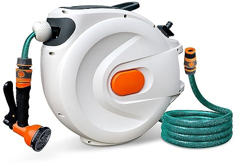 SUDOO Avvolgitubo da giardino, montaggio a parete, 8 in 1, ugello retrattile per giardino, retrattile, blocco automatico, riavvolgimento automatico, fissaggio a parete, girevole a 180°, irrigazione