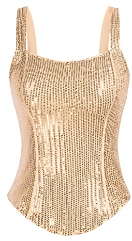 GRACE KARIN Damen Pailletten Tanktops Glitzer Oberteile Sparkle Party Weste Ärmellos Tunika, Farbe: Roségold, Size L