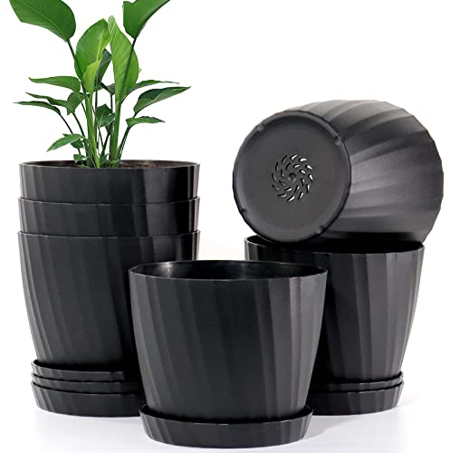 UOUZ 6'' Plant Pots Bulk, 6 Pack Plastic Planters with Drainage Holes and Saucers for Indoor Outdoor House Plants and Flowers, Black