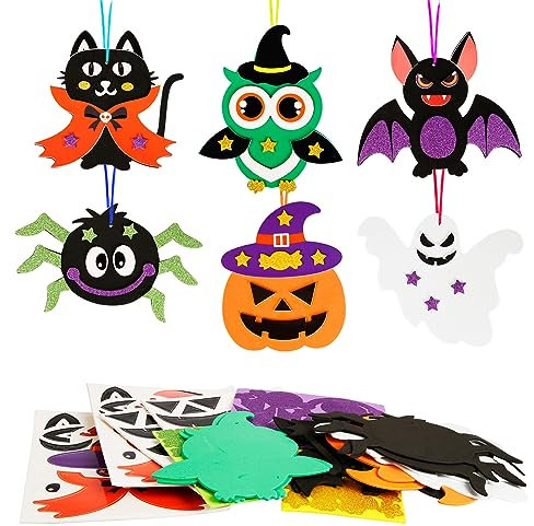 DKINY 12 Kits d'Activité Manuelle Halloween d'Enfants DIY Araignée Chauve-Souris Hibou Citrouille Fantôme Chat avec Autocollant en EVA pour Loisir Créatif Fête Jeux Groupe
