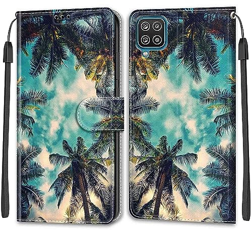 TOMYOU Schutzhülle für Samsung Galaxy A12 / M12 / F12, Muster Design, PU-Leder, Brieftasche, Buch, Flip Folio Stand View Cover mit Kartenfächern, kompatibel mit Galaxy A12 5G (Kokosnussbaum)