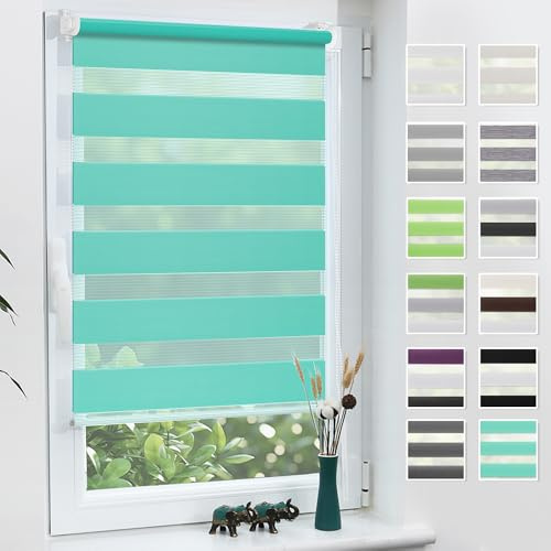 Grandekor Doppelrollo Klemmfix ohne Bohren 70x110 cm (Stoffbreite 70 cm) | Türkis Fenster Rollos für innen Klemmrollos Duo Rollo Sichtschutz Hitzeschutz feuchtbeständig für Büro einfache Montage
