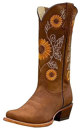higyee Stivali Western Da Donna - Stivali Da Cowboy Ricamati Girasole Da Donna | Stivali Da Cowboy Western Da Donna Con Tacco Alto | Stivali Da Cowgirl Western Retrò A Metà Polpaccio