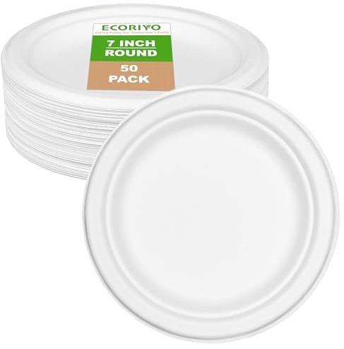 ECORIYO 7-Inch Round Disposable Plates Bagasse Sugarcane Plates - 50-Pack of Biodegradable Plates, Eco Friendly Disposable Tableware from Sugarcane - Freezer-Safe & Microwave-Safe Party Plates - White