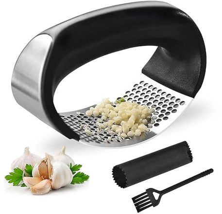 Garlic Press Mincer Ginger Crusher Peeler Squeezer Stainless Steel Garlic Presser Chopper Professional Food Prep Grade Dishwasher Safe Easy to Clean (3Pcs Garlic Presser Set)