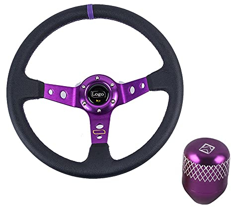 Volante Sportivo Auto,Volante A Calice Universale da 14 pollici 350mm PVC. Ruote dello sterzo di corse automobilistiche di cereale profondo del volante dello sport della deriva con la manopola del cam