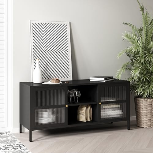 [en.casa] Fernsehschrank Säkylä TV-Lowboard Fernsehtisch Fernsehkommode Schwarz mit 2 Türen und 2 Ablagefächern Metall 55 x 118 x 40 cm mit Kabeldurchlass für Wohnzimmer