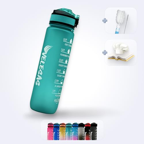 Velesas® 1l Wasserflasche mit motivierender Zeitmarkierung | Trinkflasche aus Tritan mit Strohhalm | Sportflasche für Schule, Arbeit, Fitnessstudio, Büro, Fahhrad, Wandern | BPA-Frei | Türkis