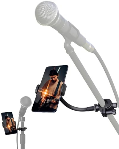 LMS Mic Stand Phone Holder, Flexible Phone Holder for Microphone Stand, iPhone Music Stand Holder Mount, Mic Stand Cell Phone Clip for iPhone 15 14 13 12 Pro Max Samsung Galaxy Pixel (Standard, 6″)
