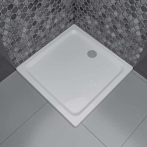 ECOLAM flache Duschwanne Duschtasse MAX 90x90 x 5,5 cm/Tiefe 1,5 cm + Siphon Silikon | Brausewanne Duschbecken Viereck Quadrat weiß