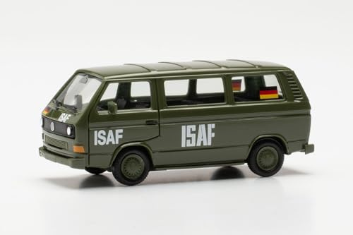 Herpa Modellauto VW T3 Bus ISAF, Miniatur im Maßstab 1:87, Sammlerstück, Made in Germany, Modell aus Kunststoff