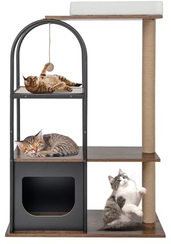 GOPLUS Árbol para Gatos de 118 cm, Marco de Metal, Cojines Extraíbles, Cama Elevada, Poste Rascador, Bandeja de Sisal, Bola Colgante, Mueble de Escalada para Gatos, Negro