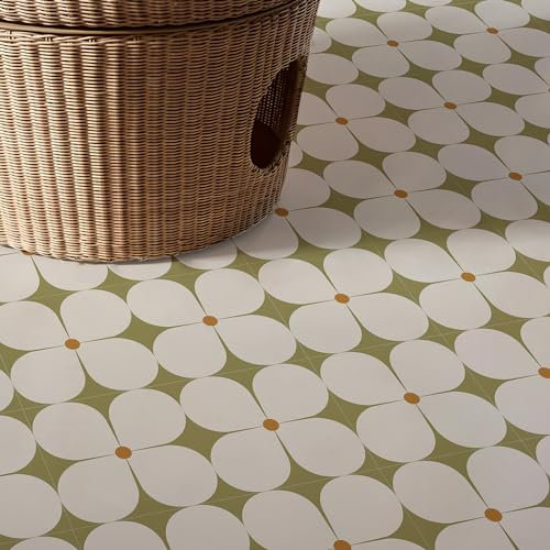 Vinyl Flooring Self Adhesive Floor Tiles Sticker Peel and Stick Vinyl Flooring Planks for Kitchen Living Room and Bathroom Floor, Milk White and Green