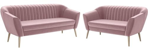 MEBLINI Mini Sofa Set 3-2 für Wohnzimmer - Mini Lounge für fünf Personen - Küchensofa - Sofa Klein - Sitzgarnitur - Polstergarnitur - Sofagarnituren - KAIA - 3+2 - Rosa Samt