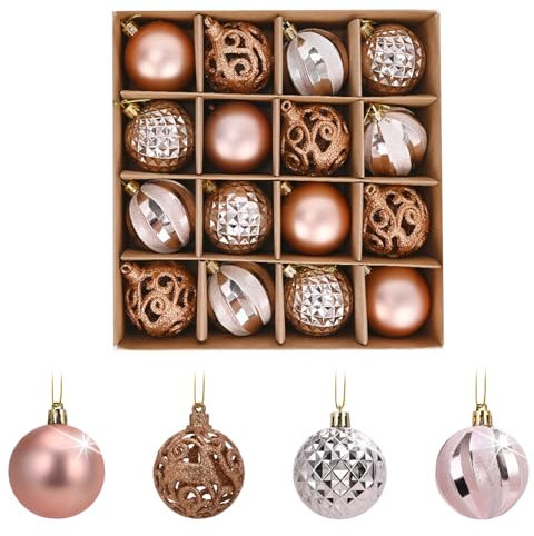 FILOEEX 16pcs Christmas Baubles Rose Pink Gold Christmas Tree Baubles Set 6cm Shatterproof Christmas Ball Ornament Xmas Tree Hanging Ball Decorations for Christmas Holiday Party Xmas