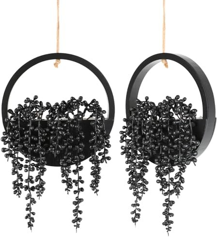 Floweroyal 2pcs Artificial Succulents Hanging Plants 12.2'' Fake String of Pearls in Pot with 8.3'' Lanyard for Indoor Outdoor Wall Decor (All Black).