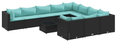 vidaXL Garten Sofa Garnitur 11-TLG., Gartenmöbel Set mit Kissen, Sitzgruppe für Garten Terrasse, Lounge Sitzgarnitur Modular, Schwarz Poly Rattan