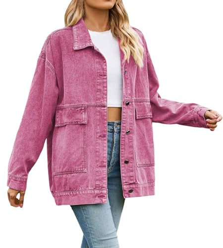 Generisch Veste en jean pour femme - Manteau fin et classique - Veste de loisirs en denim pour femme - Stretch - Dune - Légère - Tendance élégante (rose, XXL), Rose, XXL